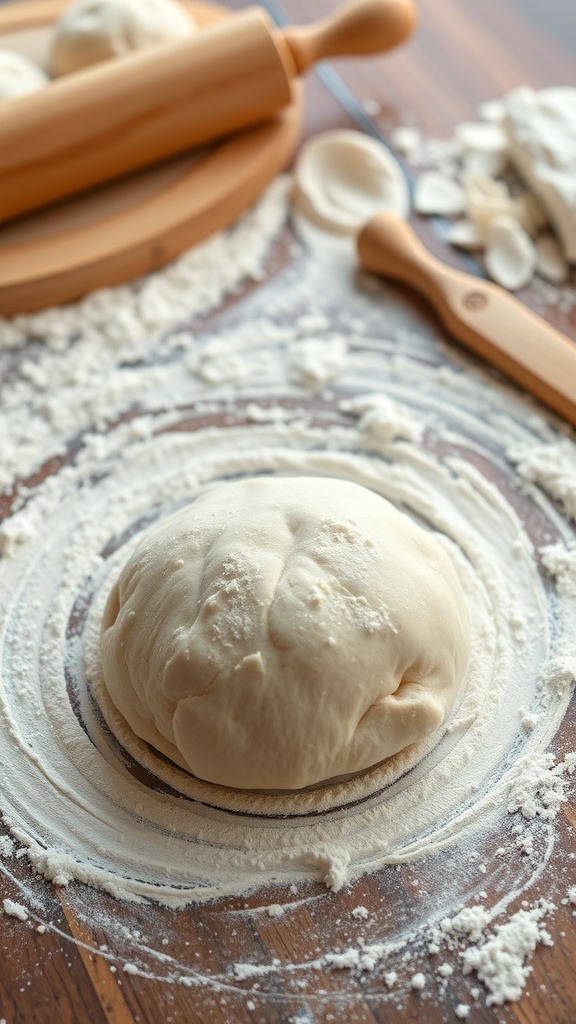 Homemade pizza dough ball on a floured surface with rolling pin and flour scattered around.